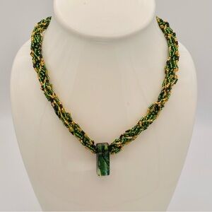 Artisan Green and Gold Beaded Dichroic Necklace